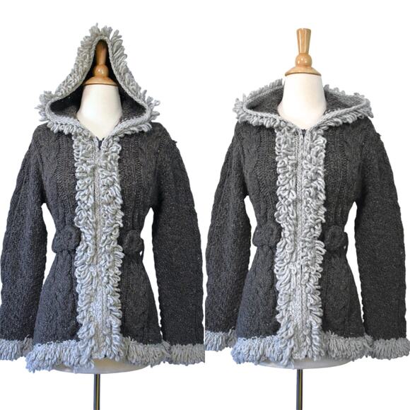 Vintage 80s Indian Creations Ecuador Two Tone Gray Wool Hooded Sweater Jacket - Picture 1 of 10